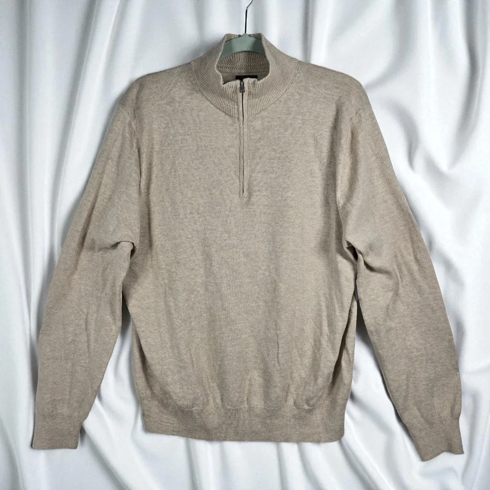 J.Crew Mens 1/4 Zip Pullover Sweater Cotton‎ Beige Mock Neck Long Sleeve Large